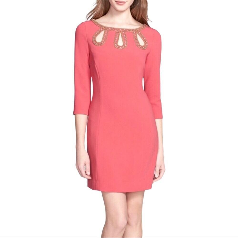 LILLY PULITZER Bronte Beaded Pink Shift Dress 2 Rhinestones Embellished Neckline